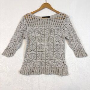JEANNE PIERRE Beige Crochet Knit Sweater Top Women Size L 3/4 Sleeve Boat Neck